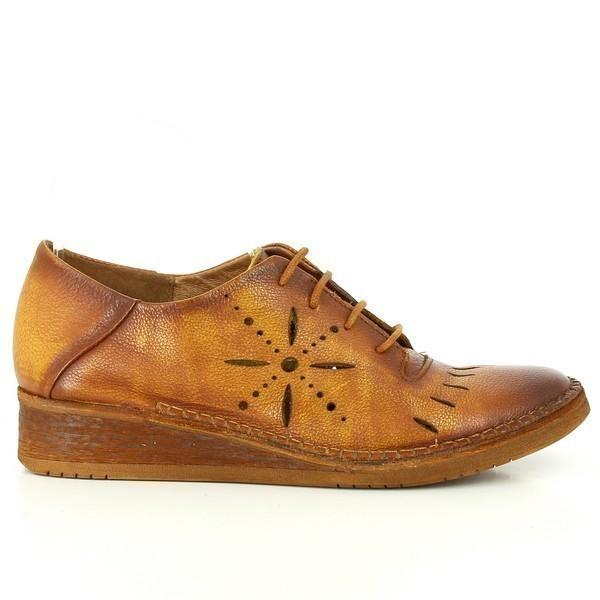 A clear shot of the Felmini A048 Tan Cognac Lace-Up Shoe, showcasing its sleek, smooth leather upper with a classic round toe and lace-up design. The side profile highlights the clean lines and stylish simplicity of this versatile women's shoe.