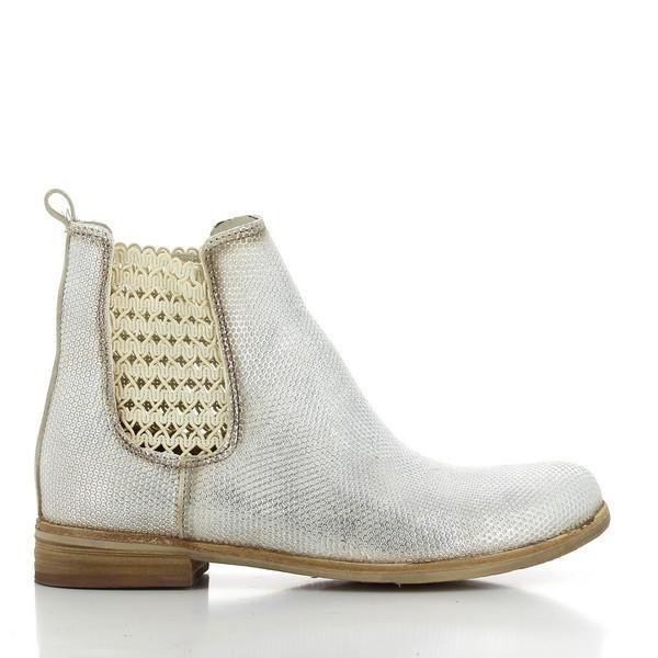 A sleek profile showcasing the smooth silver leather of the Felmini A131 ankle boot. The round toe and subtle stitching details add a touch of elegance to the minimalist design.