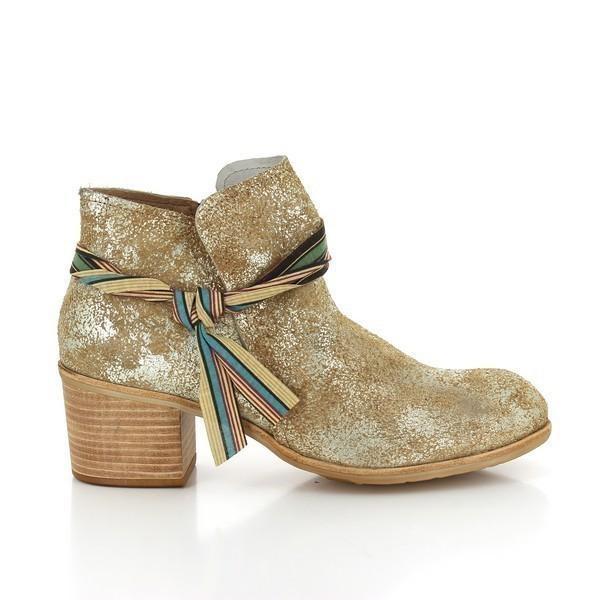A sleek profile of the Felmini A226 Gold Ankle Boot, showcasing the smooth, shimmering gold leather upper, a modest 6cm heel, and a classic round toe.