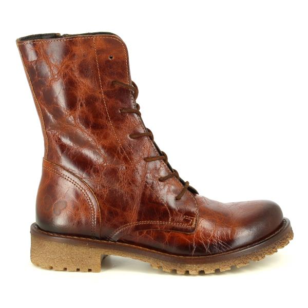 A profile shot of the Felmini B501 Brown Lace-Up Boots, showcasing the sleek, smooth leather upper with intricate lace-up detailing. The round toe and sturdy 3cm heel are highlighted, offering a polished yet practical design.