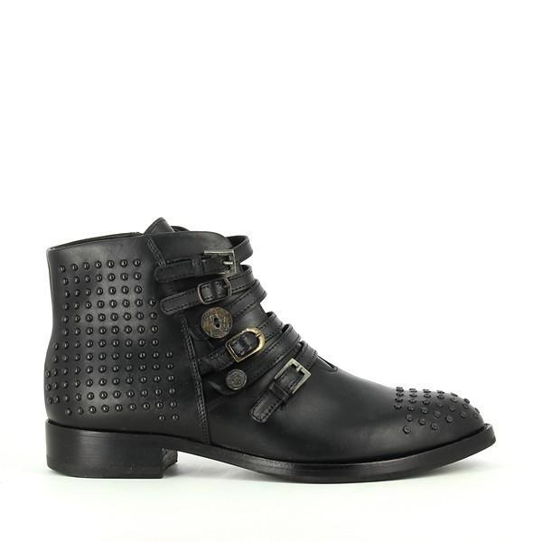 A sleek profile of the Forte 148168 Black Ankle Boots showcasing the premium leather upper with six decorative thin straps, each featuring different buckles in various colors and sizes. The round toe and minimalistic design highlight the elegant, yet edgy style of the boots.