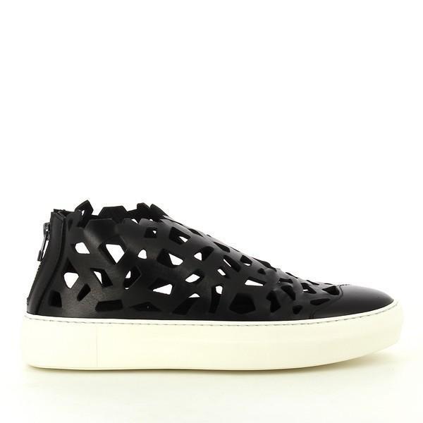 A sleek side profile of the Forte S15-6142 Black Sneakers, showcasing the refined laser-cut leather upper with intricate detailing. The subtle 3cm platform adds a modern edge while maintaining a comfortable fit.