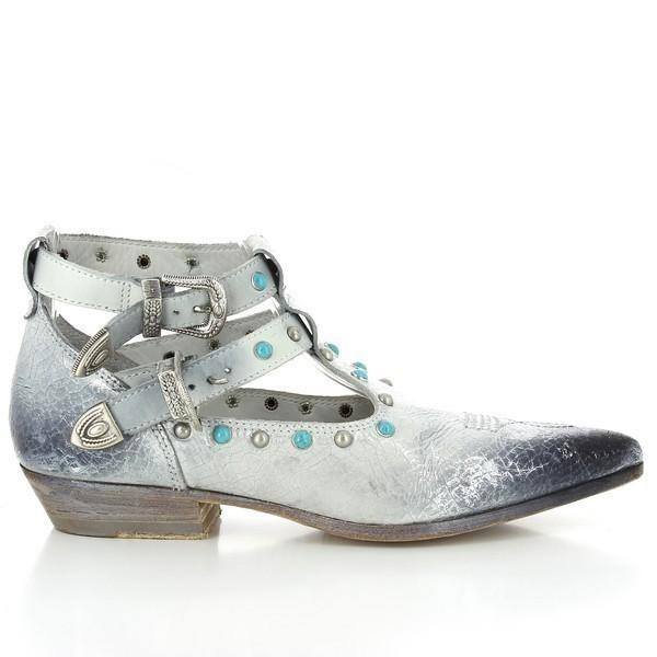 A clean side view of the Forte S17-4212 White & Grey Ankle Boots, showcasing the sleek leather upper with white and black details. The two straps and cowboy buckles add an edgy contrast, while the pointed toe shape offers a sophisticated look.