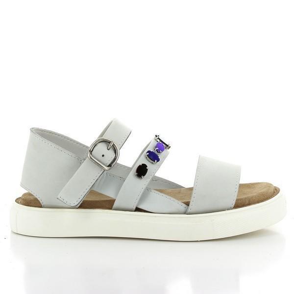 The off-white slingback sandal showcases its clean, minimalist design, with three leather straps and a buckle on the top strap for a secure fit.