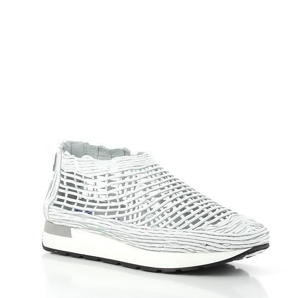 An angled side view of the sneaker, highlighting the braided leather craftsmanship, the subtle sheen of the high-quality leather, and the seamless integration of the back zipper.