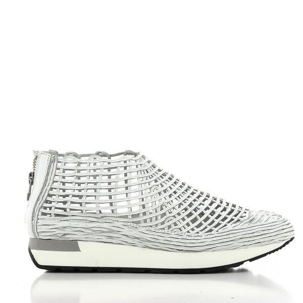 A full side view of the Forte S184350 White Sneakers showcasing the smooth white leather upper with intricate braided detailing and a sleek platform sole.