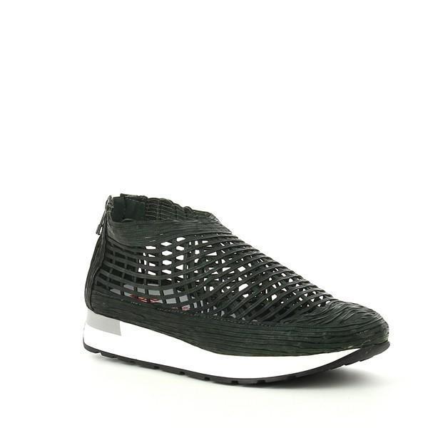 A stylish khaki sneaker viewed at an angle, showcasing the braided leather accents, the slightly elevated 3 cm platform sole, and the sleek back zipper detail.