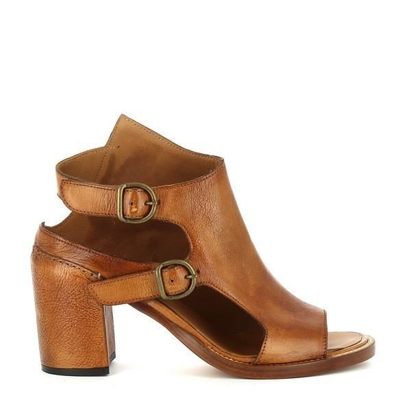 A sleek profile of the Forte S19-8204 Cuoio Tan Sandals, showcasing the elegant open-toe and open-heel design with two ankle straps featuring golden buckles. The rich tan leather upper highlights its smooth texture and superior craftsmanship.
