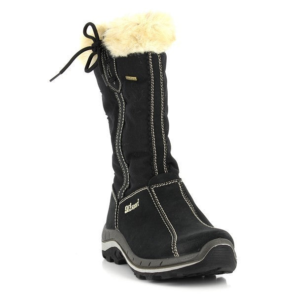 A dynamic angled shot of the Grisport 10981 Black Boots, emphasizing the comfortable fit and the stylish curve of the boot. The inner zipper is subtly visible, adding convenience to its sleek profile.