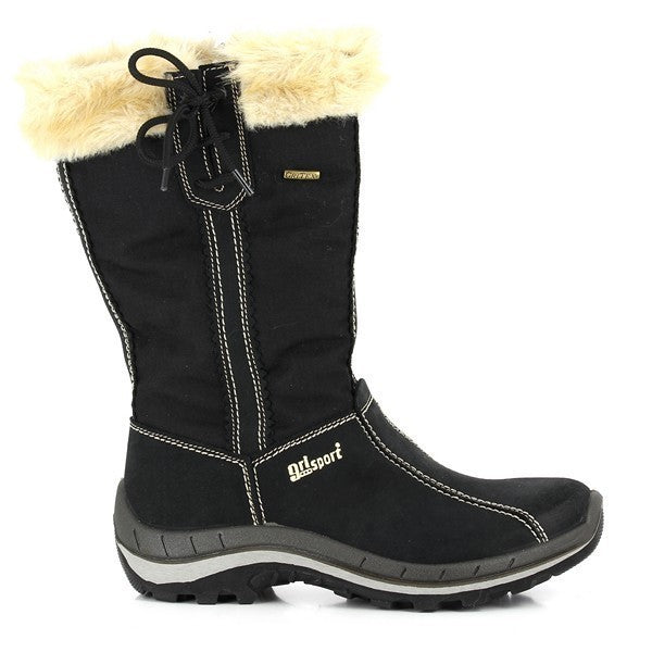 A clear side profile of the Grisport 10981 Black Boots, showcasing the smooth synthetic upper, round toe, and 4cm heel. The boots have a mid-calf design with a sleek, modern look perfect for outdoor and casual wear.