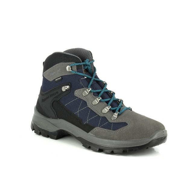 From this angle, the Grisport 14509D5G sneakers' sleek profile is highlighted. The grey leather upper contrasts beautifully with the synthetic sole, while the 4cm heel adds subtle elevation for added comfort. The lacing system is clearly visible, allowing for an adjustable and secure fit, perfect for both casual wear and outdoor adventures.