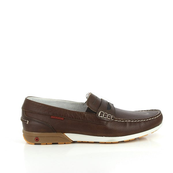 A close-up of the Grisport 43205O7 Brown Loafers, showcasing the smooth leather upper, clean stitching, and classic slip-on silhouette.