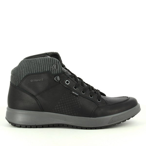 A full side profile of the Grisport 43603T26G Black Lace-Up Boot, showcasing its sleek black leather upper, sturdy sole, and classic lace-up design.