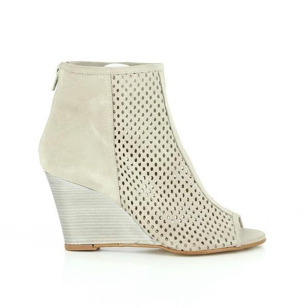 A sleek side profile of the Igualados 6416 Sand Booties, highlighting the elegant wedge heel, peep toe design, and fine leather construction.
