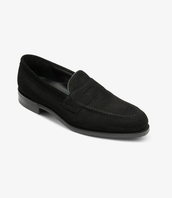 LOAKE IMPERIAL SUEDE BLACK SUEDE LOAFER SLIP ON RUBBER SOLE F-MEDIUM