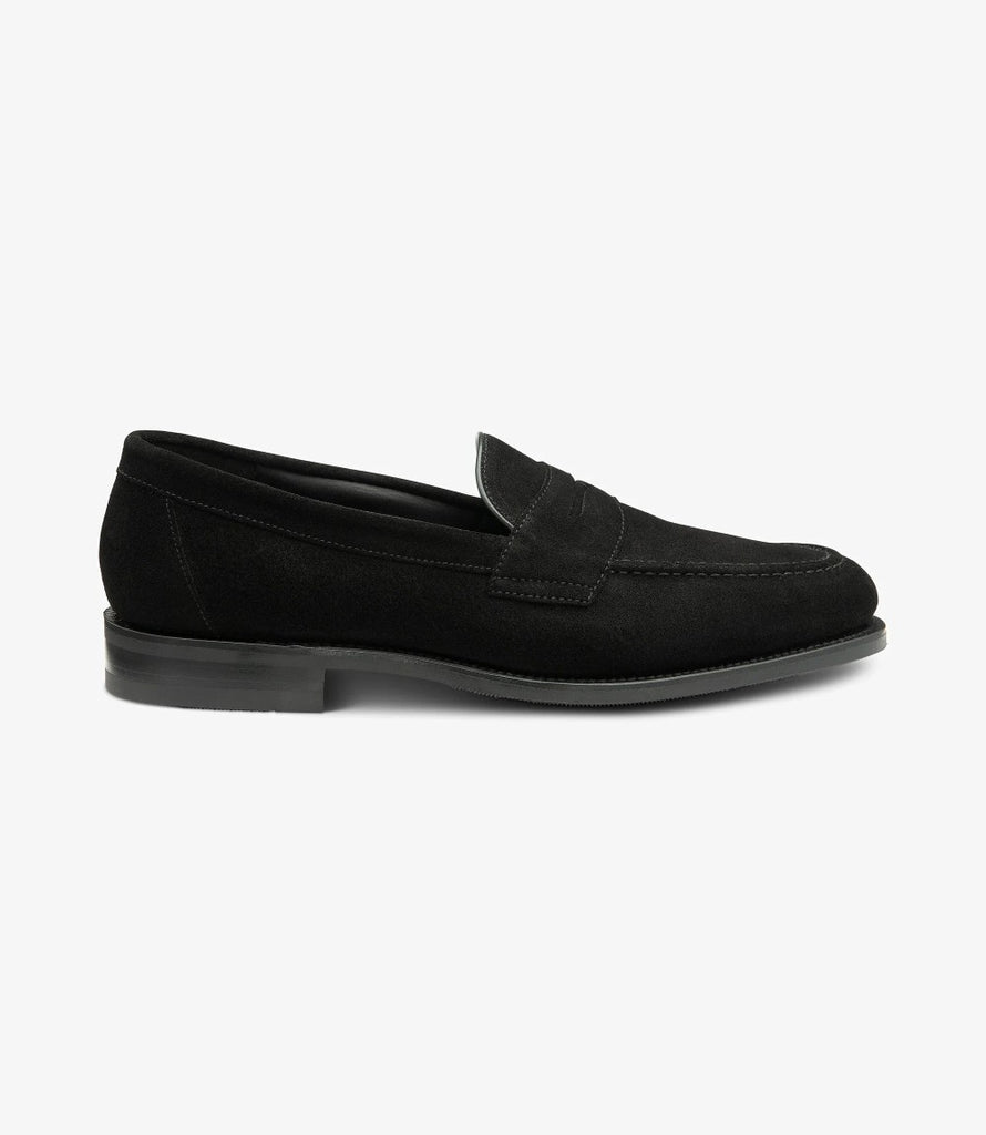 LOAKE IMPERIAL SUEDE BLACK SUEDE LOAFER SLIP ON RUBBER SOLE F-MEDIUM