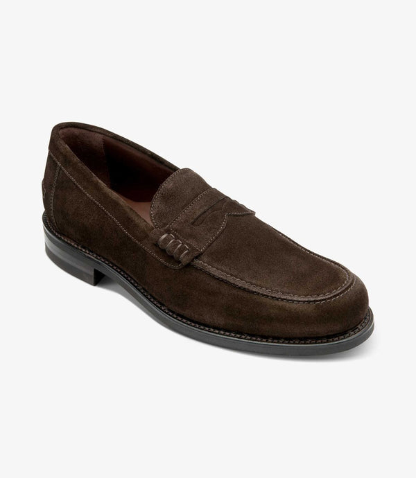 LOAKE KINGSCLIFFE DARK BROWN SUEDE LOAFER SLIP ON RUBBER SOLE F-MEDIUM