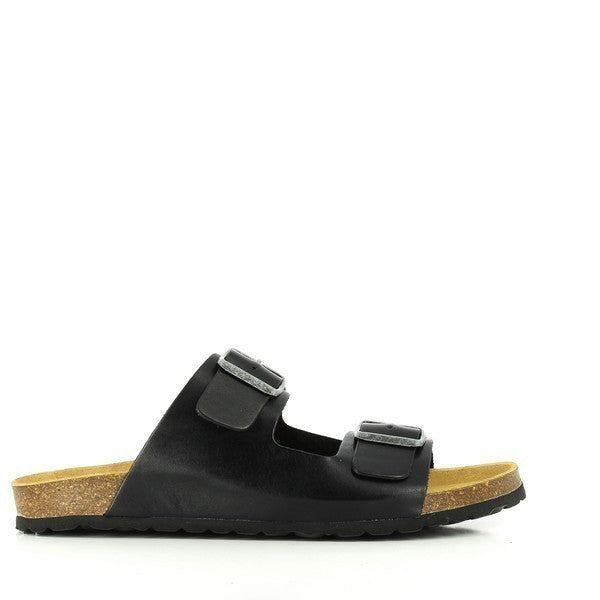 This image showcases the sleek silhouette of Plakton's 100010 Black Men's Sandals, highlighting the durable leather upper and eco-friendly cork sole. The classic black color exudes sophistication, making these sandals a versatile addition to any wardrobe.