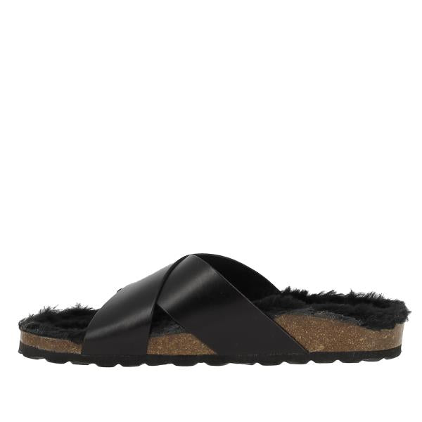 In this image, the sleek silhouette of the shoe commands attention. Crafted from premium black leather, the exterior exudes sophistication and style. The cross-strap design adds a touch of elegance, while the subtle logo detail on the side signifies quality and authenticity. With its refined aesthetic and versatile appeal, this shoe is a timeless addition to any wardrobe.