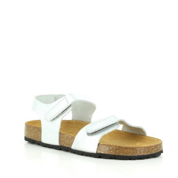 Capture the sleek elegance of Plakton's 110037 Silver Kids Slingback Sandals with a photo showcasing the exquisite craftsmanship of the leather upper. The metallic silver finish glimmers in the sunlight, adding a touch of sophistication to any outfit. The round toe shape and low platform height are subtly highlighted, promising both style and comfort for your little one's adventures.