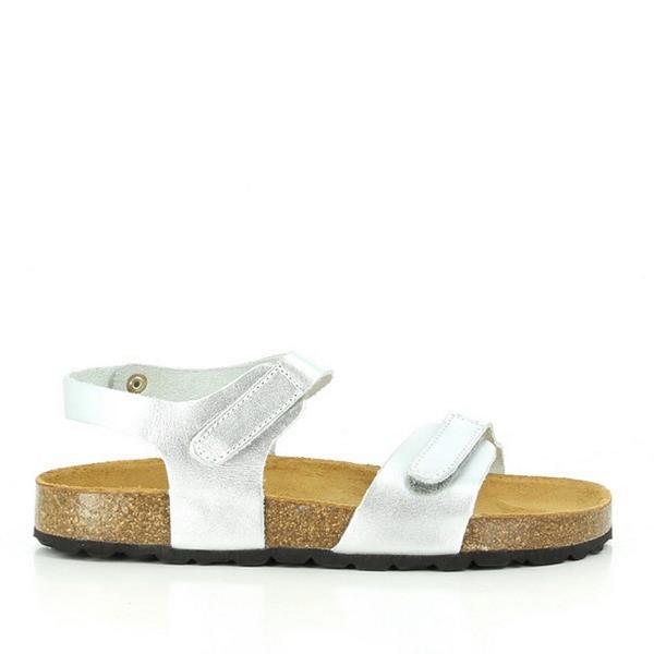 Capture the sleek elegance of Plakton's 110037 Silver Kids Slingback Sandals with a photo showcasing the exquisite craftsmanship of the leather upper. The metallic silver finish glimmers in the sunlight, adding a touch of sophistication to any outfit. The round toe shape and low platform height are subtly highlighted, promising both style and comfort for your little one's adventures.