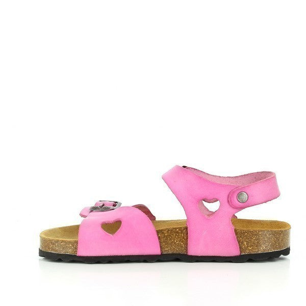 Offering a glimpse into the comfort and support within, this image captures the internal side of the 115041 Fucsia Hearts Kids Sandals. The anti-bacterial insole with synthetic black lining ensures lasting freshness and breathability for all-day wear.