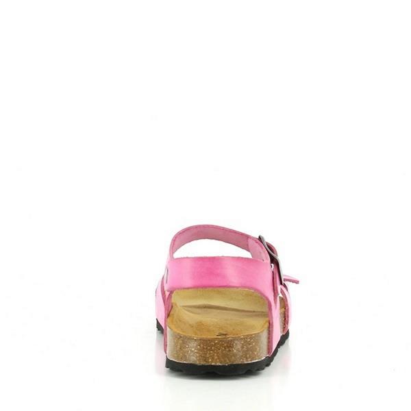 This image provides a clear view of the back of the 115041 Fucsia Hearts Kids Sandals, emphasizing the adjustable straps and ankle support, while also showcasing the quality craftsmanship and attention to detail.