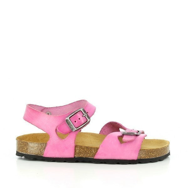 This angle captures the sleek silhouette of Plakton's 115041 Fucsia Hearts Kids Sandals, showcasing the vibrant fuchsia color and heart-shaped perforations along the leather upper, symbolizing playful elegance.