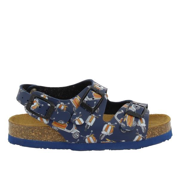 A pair of Plakton 120046 Navy Kids Sandals displayed on a light background. The sandals feature a high-quality leather upper and lining, decorated with playful Vespa motifs. They have adjustable buckle straps and a secure ankle strap. The cork sole, with a 2cm platform and ridged design, offers excellent traction and support, showcasing exceptional craftsmanship and durability. Perfect for active kids.