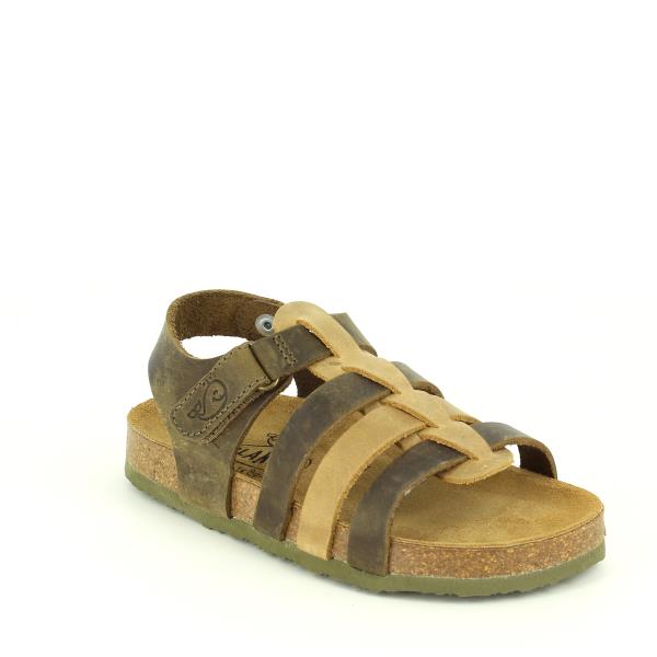 An angled shot of the sandal, capturing the elegant khaki color and the detailed craftsmanship of the multiple straps. The memory cushion technology footbed and the contoured lining provide a glimpse of the comfort and support offered by the sandal.
