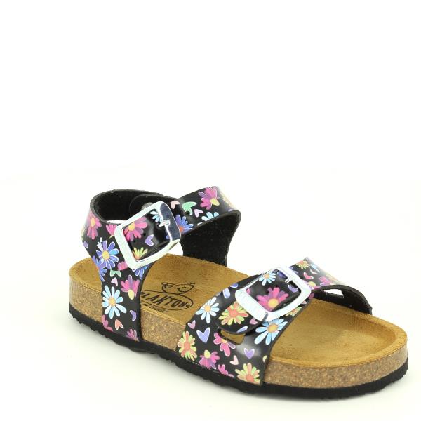 Presented at a stylish angle, this photo showcases the sandal's elegant silhouette and rounded toe shape. The adjustable straps with buckles and hook-and-loop fastener are prominently featured, offering both practicality and a customized fit.