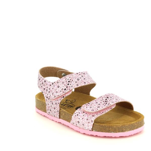 Captured at a stylish angle, this photo presents the sandal's elegant silhouette and rounded toe shape. The pink leather print with charming floral motifs reflects light beautifully, while the adjustable velcro-fastening double strap ensures a secure and customized fit for active kids.