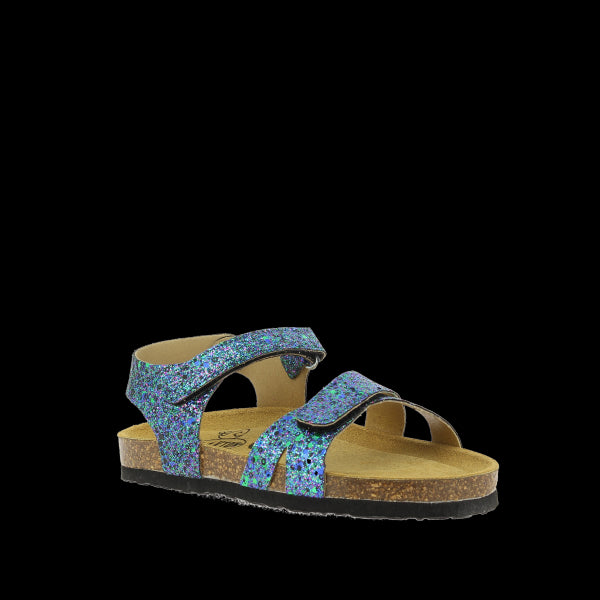Captured at a stylish angle, this photo presents the sandal's elegant silhouette and rounded toe shape. The sparkling blue glitter adds a touch of fun and excitement to any outfit, while the adjustable velcro fastening straps ensure a secure and customized fit for your child's comfort.