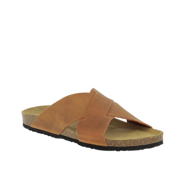 Captured at a stylish angle, this photo presents the sandal's elegant silhouette and rounded toe shape. The rich brown color of the leather complements any outfit, while the memory cushion technology ensures all-day comfort. The attention to detail and craftsmanship is evident, promising durability and style for every occasion.