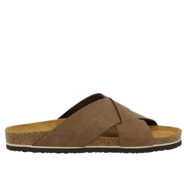 A close-up image showcasing Plakton's 175007 Mocha Men's Sandals. Crafted with precision in Spain, these sandals feature crossed leather straps and eco-friendly cork insoles. Experience style and comfort with every step.