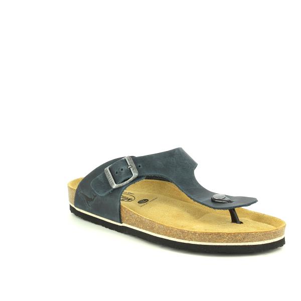 An angled view of Plakton's 175081 Navy Blue Men's Sandals, highlighting the contoured cork footbed and subtle 3cm heel-platform height, perfect for all-day wear.