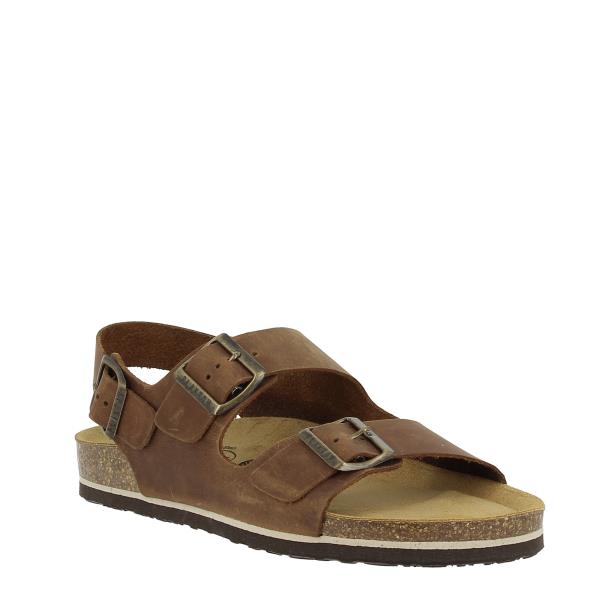An angled view of the 175113 Brown Slingback Men's Sandals, showcasing the natural cork sole, sturdy EVA outer sole, and the comfortable 3 cm heel-platform height for added elevation.