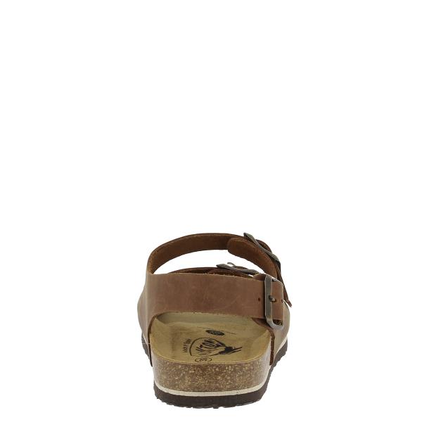 A rear view of the 175113 Brown Slingback Men's Sandals, featuring the slingback design with an adjustable buckle and the Plakton logo, exemplifying exceptional craftsmanship made in Spain.