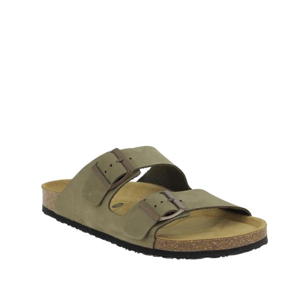 An angled view of the 175857 Khaki Men's Sandals, highlighting the natural cork sole, sturdy EVA outer sole, and the comfortable 3.5 cm heel-platform height for added elevation.