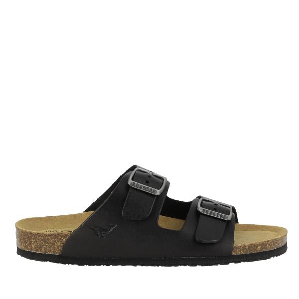 A sleek profile of the Plakton 180010-OF Black Sandals, showcasing the elegant nubuck leather upper and sturdy construction.