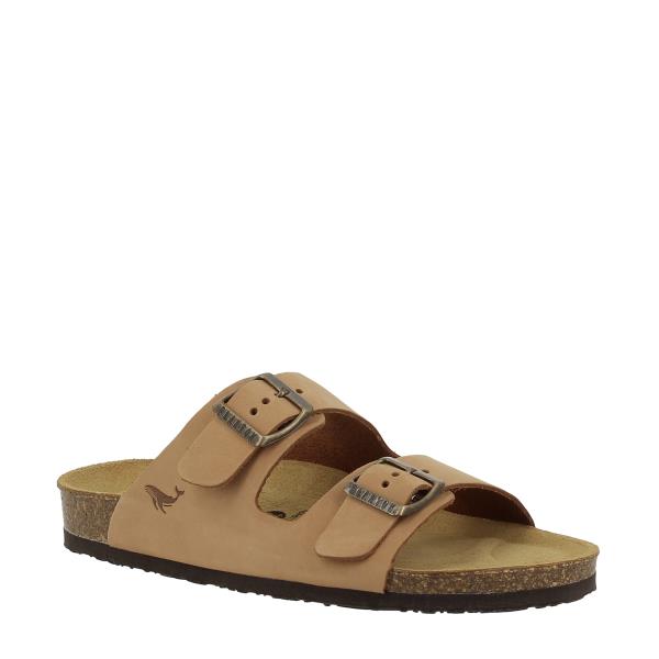 Highlight the stylish design of Plakton's 180010-OF Tan Slides from an angle, emphasizing the comfortable round toe shape and adjustable straps.