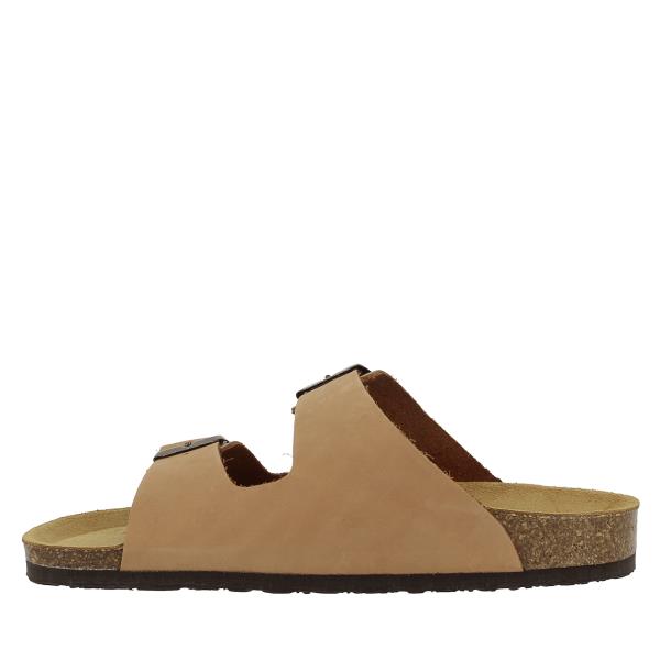 Zoom in on the interior of Plakton's 180010-OF Tan Slides, revealing the soft leather lining and innovative memory cushion technology for all-day comfort.