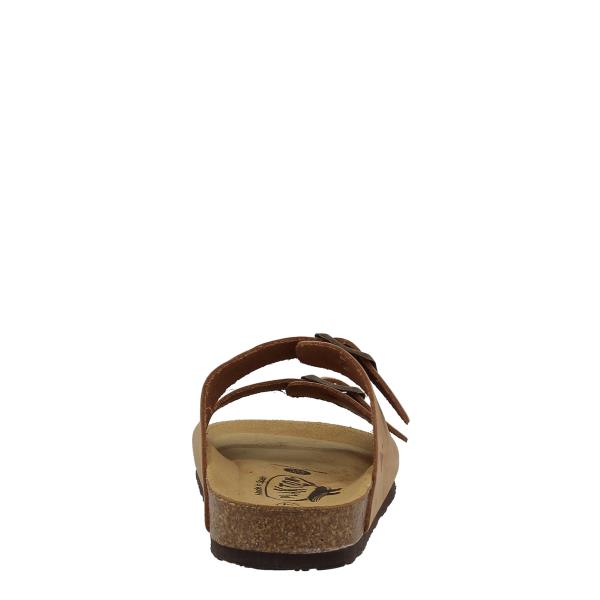 Showcase the craftsmanship of Plakton's 180010-OF Tan Slides from behind, featuring the sturdy cork and synthetic sole and the quality construction made in Spain.
