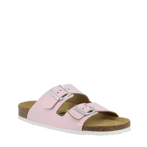 Highlight the chic design of Plakton's 180010-OF Pink Slides from an angle, emphasizing the comfortable round toe shape and adjustable straps.
