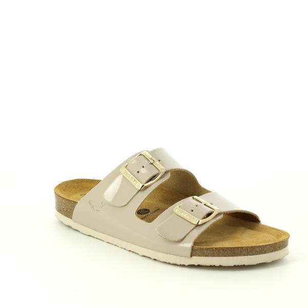 Showcase the stylish design of Plakton's 180010-OF Beige Slides from an angle, emphasizing the comfortable round toe shape and adjustable straps.