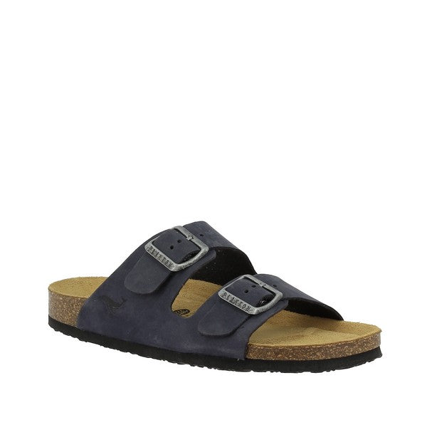 An angled shot capturing the overall design of the sandal, showcasing the round toe shape, memory cushion technology, and the EVA sole that offers stability and traction. The vibrant blue color adds a touch of style to any outfit.