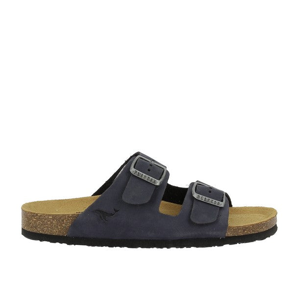 A side profile of the 180010-OF Blue Sandals highlighting the sleek nubuck leather upper, adjustable straps, and the subtle 2.5cm heel-platform height. The craftsmanship and attention to detail are evident in every stitch