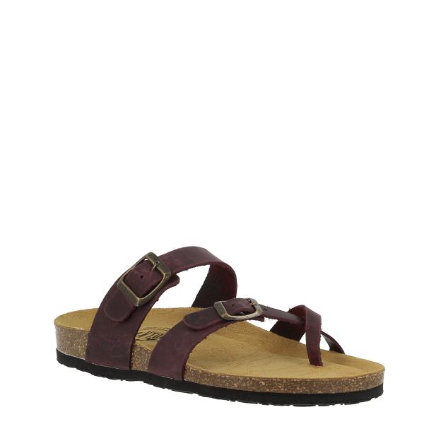 Showcase the stylish design of Plakton's 181032 Burgundy Thong Sandals from an angle, emphasizing the distinctive toe loop, cross strap, and comfortable round toe shape.