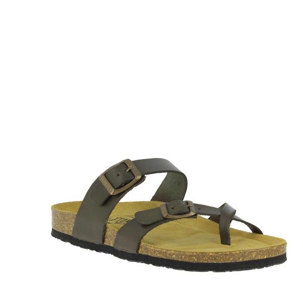This angled shot highlights the sandal's elegant thong design, featuring a toe loop and cross strap that add a touch of sophistication and style.