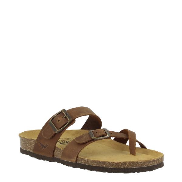 An angled shot of the sandal, capturing its stylish round toe shape and the adjustable instep strap. The combination of oak leather and cork creates a chic, contemporary look perfect for any casual or smart outfit.